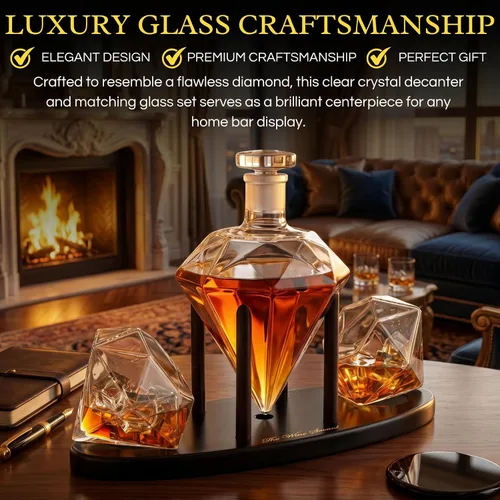 Miniatura 3 de The Wine Savant - Decantador de whisky en forma de diamante, con 2 copas en forma de diamante, para licor, escocés, ron, bourbon, vodka, tequila