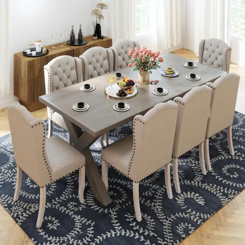 Miniatura 9 de Ya-Home Juego de 2 sillas de comedor copetudas, sillas de comedor tapizadas de lino, sillas de comedor modernas de mediados de siglo con adornos
