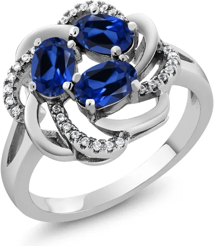 Miniatura 23 de Gem Stone King Flower Blossom Gemstone Birthstone Ring in 925 Sterling Silver 3-Stone Oval 6X4MM with Sparkling Accents Wedding Anniversary