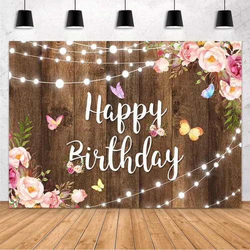 MEHOFOND Telón de fondo rosa floral de feliz cumpleaños, acuarela, mariposa, madera, flores, niñas, mujeres, fotografía de cumpleaños, pancarta,
