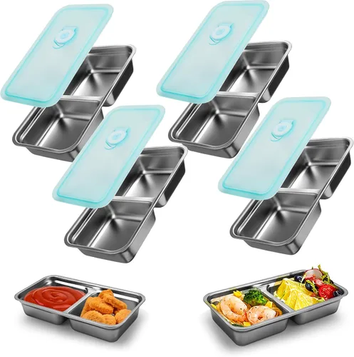 Miniatura 10 de Recipientes reutilizables de acero inoxidable con tapas, contenedores de doble compartimento para aperitivos, recipientes pequeños para condimentos