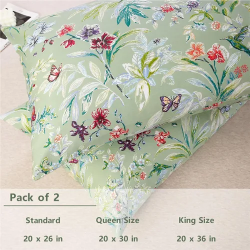 Miniatura 3 de URBONUR Juego de 2 fundas de almohada de 100 % algodón con estampado floral de mariposas, suaves, transpirables, refrescantes, fundas de almohada