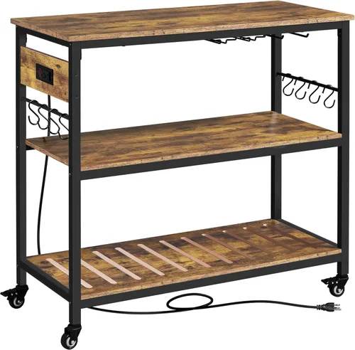 Miniatura 10 de Yaheetech Carrito de isla de cocina con toma de corriente, carritos de cocina con ruedas con almacenamiento, soporte de microondas de 3 niveles