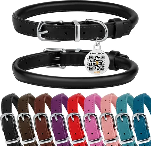 Miniatura 7 de BRONZEDOG Collar de perro de cuero enrollado para perros pequeños, medianos y grandes con etiqueta de identificación QR (ciruela, XS: 9-11 pulgadas)