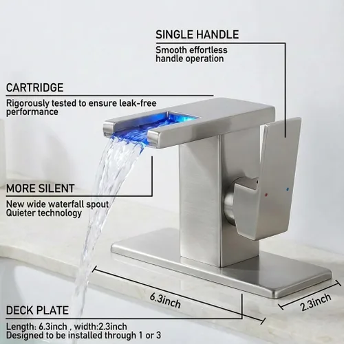Miniatura 7 de AVSIILE Grifo LED para Lavabo de Baño, Cascada de Níquel Cepillado Mango de Un Solo Orificio Grifos de Tocador para Lavabos 1 Orificio con Desagüe