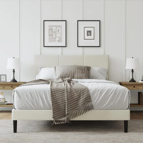 Marco de cama tamaño completo con cabecero – Elegante marco de cama plataforma tapizado con canales verticales acolchados de servicio pesado con