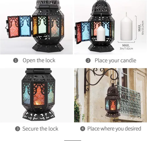 Miniatura 6 de Lewondr Farol de vela retro de hierro Ramadán, portátil de hierro forjado marroquí, de 10.2 pulgadas, portavelas decorativo, lámpara colgante