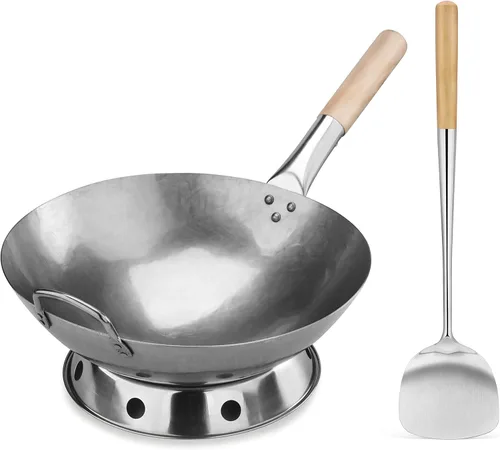 New Star Foodservice Juego de wok de acero al carbono, fondo redondo de 14 pulgadas, martillado a mano con mango auxiliar de madera y acero, incluye