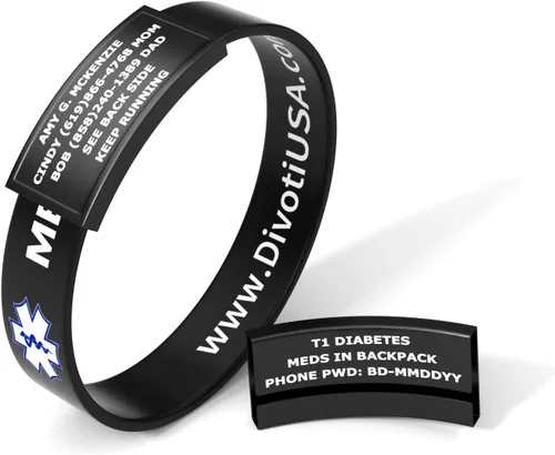 Divoti Pulsera de identificación médica deportiva de silicona con grabado personalizado de 0.512 in de ancho para atletas - Estilo/Color Pvd Negro /