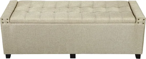 Miniatura 14 de Adeco Otomana de almacenamiento, banco tapizado rectangular de piel sintética con patas de madera, reposapiés, mesa de café para sala de estar, Negro