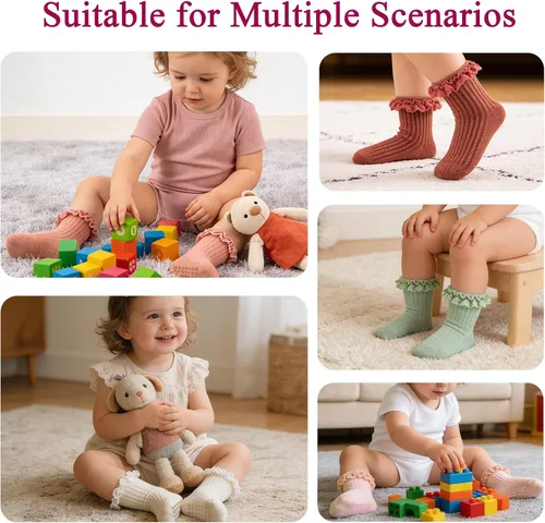 Miniatura 9 de Calcetines de Volantes para Niña Bebé, Calcetines Antideslizantes de Agarre para Niñas, Calcetines de Tobillo Frilly de Algodón Lindos para Niñas