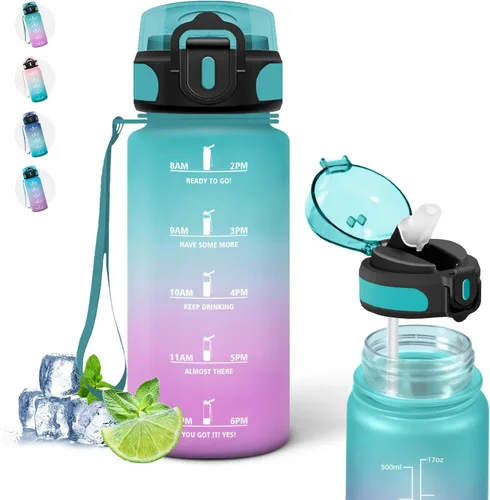 Miniatura 55 de Botella de agua – 16.9 fl oz – Botella de agua para niños, botella de sorbete a prueba de fugas, botella deportiva con marcador de tiempo, botella