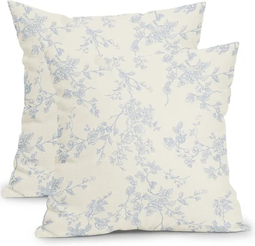 Juego de 2 fundas de almohada florales de 16 x 16 pulgadas, color azul bebé y crema, fundas de almohada decorativas para exteriores, diseño floral