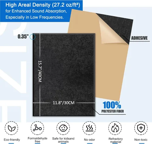Miniatura 4 de Paquete de 6 paneles acústicos de pared con autoadhesivo, espuma de alta densidad absorbente de sonido de 11.8 x 15.7 pulgadas, paneles acústicos