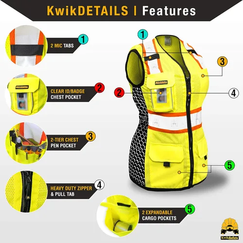 Miniatura 3 de KwikSafety QUEEN BEE - Chaleco de seguridad para mujer [amarillo, L] + paquete de casco duro de ala completa TORTOISE