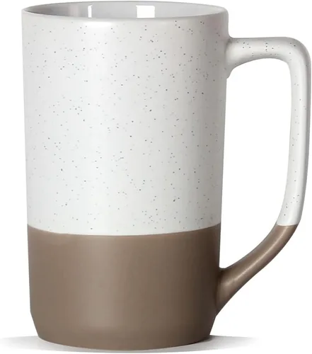 Taza de café grande de 16 onzas, combinación de dos colores, taza de té grande de cerámica con mango cuadrado con moteado negro para hombres y Blanco