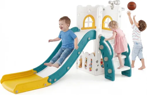 Miniatura 13 de OLAKIDS Tobogán para niños pequeños, 6 en 1 para interiores y exteriores, con aro de baloncesto, telescopio, almacenamiento de juguetes para niños
