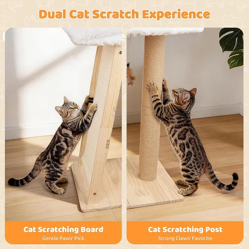 Miniatura 3 de Poste rascador para gatos de 31.5 pulgadas, muebles multifuncionales de madera de pino natural 3 en 1, postes altos para rascar con percha