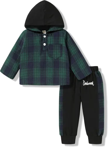 Miniatura 15 de YOUNGER TREE Conjunto de sudadera con capucha para niños pequeños, conjunto de camisa de franela a cuadros para otoño, invierno y primavera