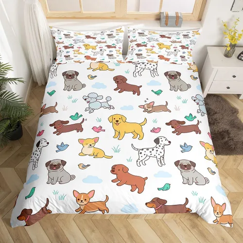 Miniatura 18 de Feelyou Funda de edredón con estampado de perro, tamaño individual, funda de edredón de cachorro de caricatura, lindo juego de ropa de cama