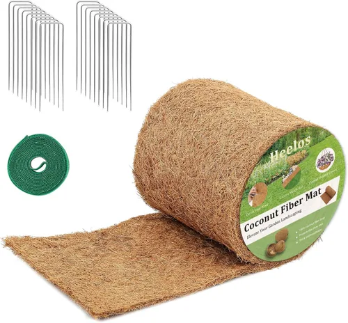 Miniatura 9 de Rollo de mantillo grueso para paisajismo, tapete de fibra de coco de 120 x 6.5 pulgadas con 16 estacas de acero en forma de U y cinta de lazos