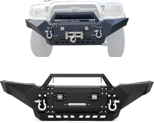 KUAFU Parachoques delantero compatible con Toyota Tacoma 2005-2015 con placa de cabrestante, luces LED, anillos en D, acero negro con recubrimiento