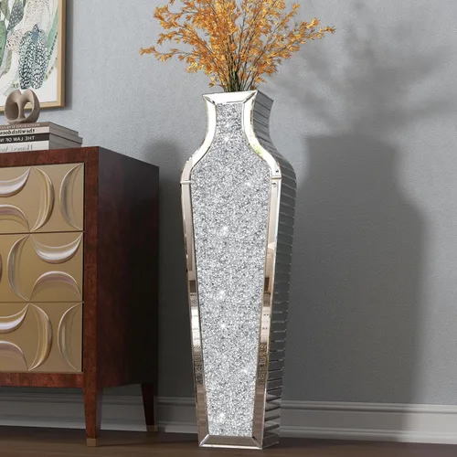 Miniatura 13 de SHYFOY Jarrón de piso de diamante triturado azul, grandes jarrones altos con espejo para piso, modernos jarrones decorativos de vidrio para sala