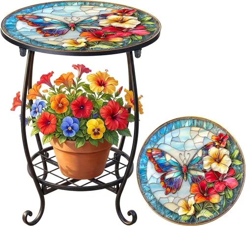 Miniatura 44 de Cinnvoice Mesa auxiliar redonda para exteriores, mosaico pequeño, decoración de patio, planta interior, mesa de té para patio, porche, jardín, sala