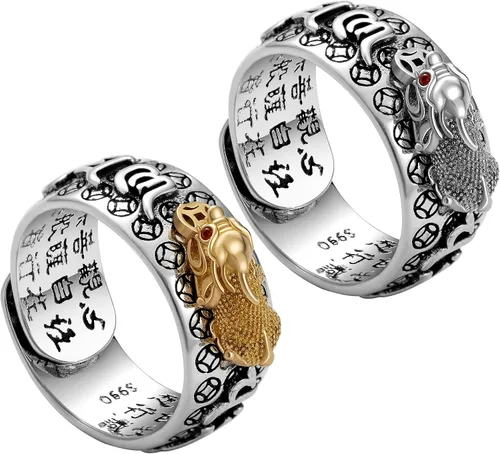 Vikeney 2 anillos ajustables de mantra Feng Shui Pixiu para hombres y mujeres, amuleto budista de la suerte, mantra, protección cuádruple, riqueza,