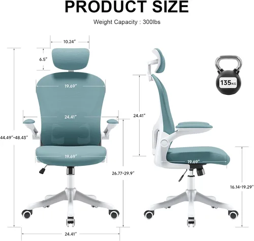 Miniatura 2 de Silla de oficina ergonómica, soporte lumbar ajustable y reposacabezas, silla de escritorio con respaldo alto con brazos abatibles para oficina