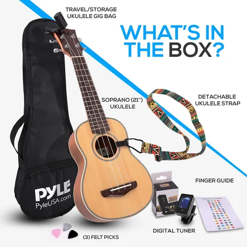 Miniatura 9 de Pyle PRTPUKTKIT10 Kit de accesorios duraderos y compactos para ukelele – Práctico sintonizador digital, bolsa de concierto resistente, correa