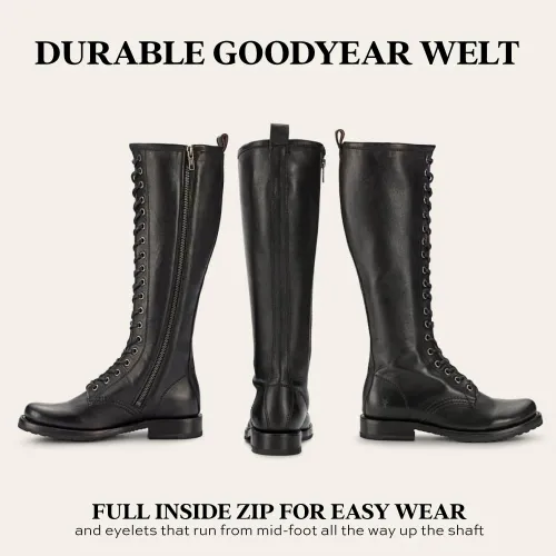 Miniatura 6 de Frye Veronica Botas de combate altas de 15 pulgadas para mujer, hechas de cuero de grano completo con construcción Goodyear Welt, cordones de tela