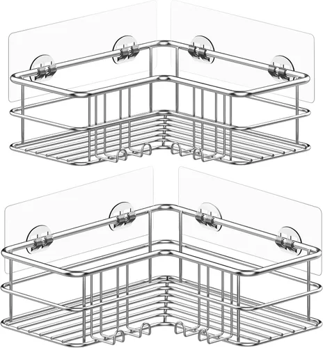 Miniatura 14 de Menbyci Organizador de ducha negro esquinero para baño, accesorios organizadores de baño a prueba de óxido, cesta de ducha adhesiva, estante