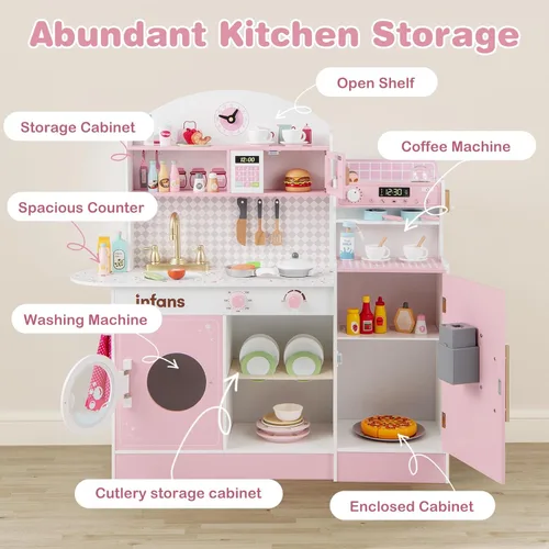 Miniatura 8 de INFANS Juego de cocina para niños, juego de cocina de madera para niños pequeños, juego de juguetes de cocina con cafetera, máquina de hielo, Rosa