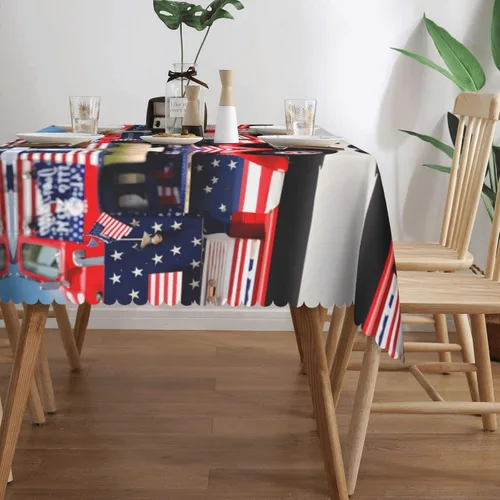 Miniatura 3 de Mantel rectangular de encaje de poliéster con diseño patriótico de camión del 4 de julio, 54 x 72 pulgadas, resistente a las arrugas, lavable