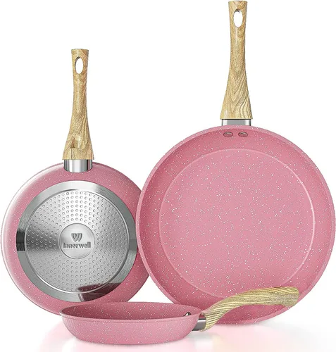 Juego de sartenes antiadherentes, sartén para huevos rosados de 8, 9.5 y 11 pulgadas, sartén antiadherente para tortilla sin PFOA, utensilios de