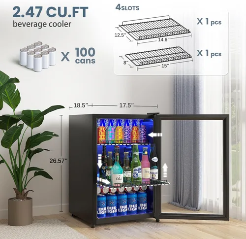 Miniatura 7 de Manastin Refrigerador de bebidas, mini refrigerador independiente con puerta de vidrio, estantes ajustables y pantalla digital de temperatura