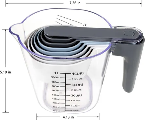 Miniatura 5 de Juego de 19 piezas de tazas medidoras y cucharas, incluye 10 tazas medidoras apilables con tapa y 9 cucharas medidoras magnéticas, cucharada para 19