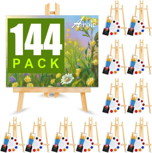 Juego de pintura profesional de 144 piezas, 12 caballetes de madera, 12 paquetes de 120 pinceles con cabezal de pincel de nailon y 12 paletas, kit