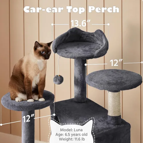 Miniatura 8 de Yaheetech Árbol para gatos de 54 pulgadas, torre para gatos de varios niveles con espaciosa percha de orejas de gatito, 2 cuevas acogedoras, postes