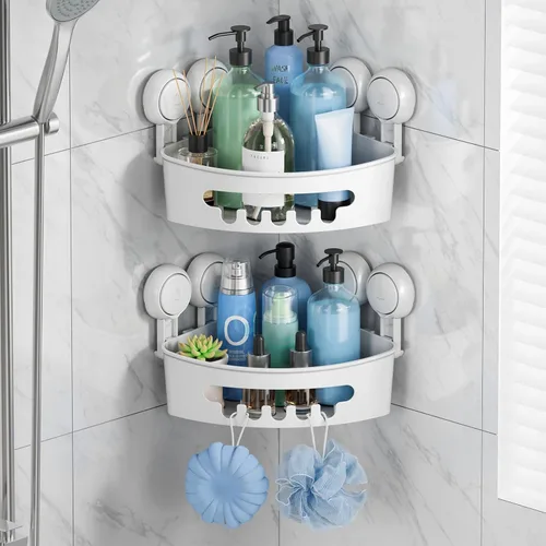 Miniatura 11 de TAILI Organizador de ducha de esquina con ventosas, organizador de pared montado, estante de plástico para baños pequeños, cocina, cesta de estante