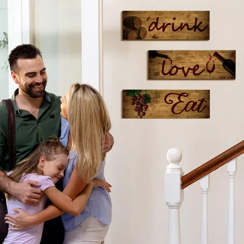 Miniatura 5 de 3 piezas de arte de pared de vino tinto con diseño de barril de madera, para comer, beber, letreros de madera para decoración de cocina, frutas