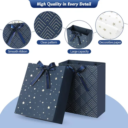 Miniatura 4 de KomoLeay Paquete de 4 bolsas de regalo de tamaño mediano de 9 pulgadas, bolsas de regalo azules de alta calidad con papel de seda para cumpleaños