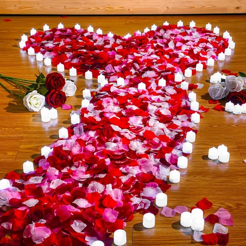Miniatura 11 de Coume 6000 pétalos de rosa artificiales con 72 velas LED sin llama, decoraciones románticas, velas falsas, decoraciones de aniversario para el día
