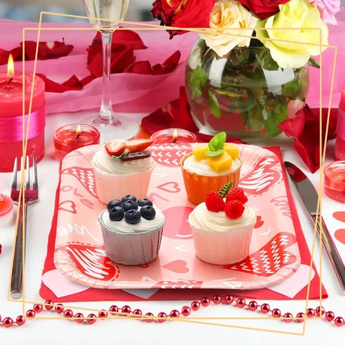 Miniatura 2 de Ziliny 24 platos de papel desechables con forma de corazón, bandejas rectangulares de 13 x 9 pulgadas, bandejas grandes para servir para bodas, Rosa