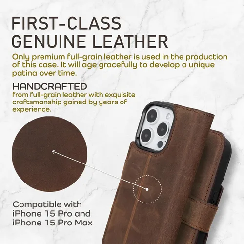 Miniatura 2 de Bayelon Funda tipo cartera para iPhone 15 Pro, cartera de cuero de grano completo, funda magnética desmontable, tarjetero, funda tipo cartera