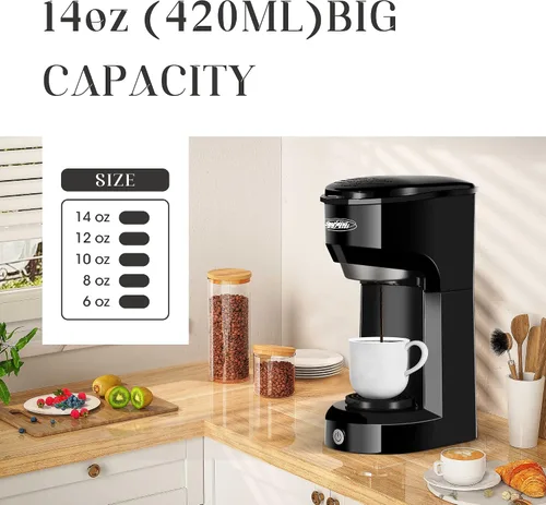Miniatura 7 de Cafetera individual K Cup para café en cápsulas y molido, filtro permanente, café con tanque de 6-14 onzas botón de una pulsación, negra Negro