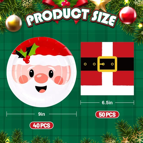 Miniatura 2 de Whaline Juego de 90 piezas de suministros para fiesta de Navidad, platos de papel con patrón de Papá Noel de 9 pulgadas y cinturones de Papá Noel