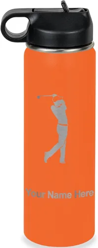 Miniatura 31 de LaserGram Botella de agua personalizada, golfista de golf, acero inoxidable de doble pared aislada al vacío con popote superior, regalo grabado Negro