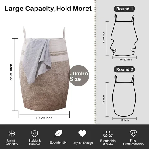 Miniatura 3 de OIAHOMY Cesta de lavandería tejida de cuerda de algodón, grande, cesto alto para ropa con asas de algodón extendidas para almacenamiento de ropa